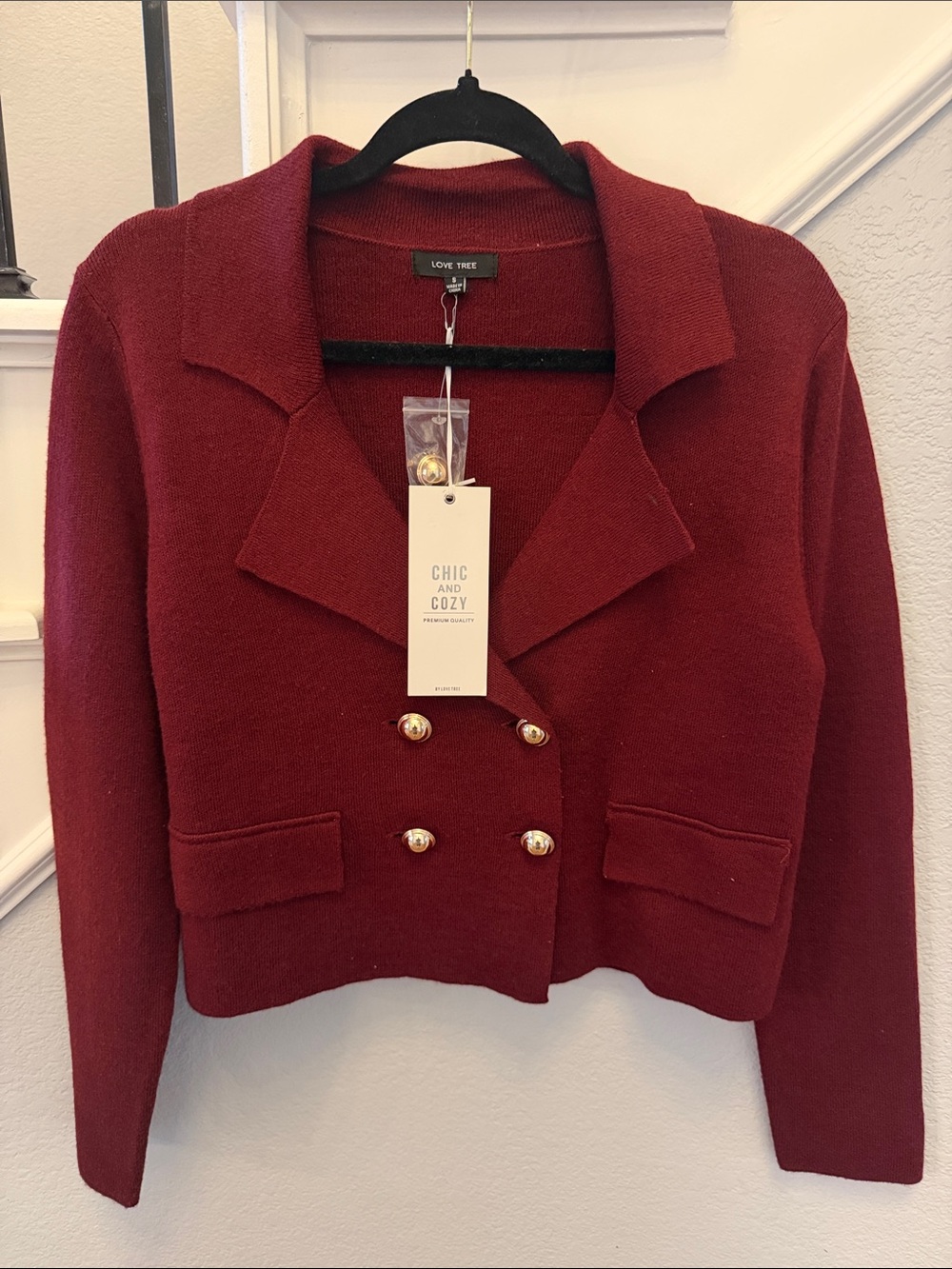 Love Tree Women's Wine Red Double-Breasted Knit Blazer with Gold Buttons